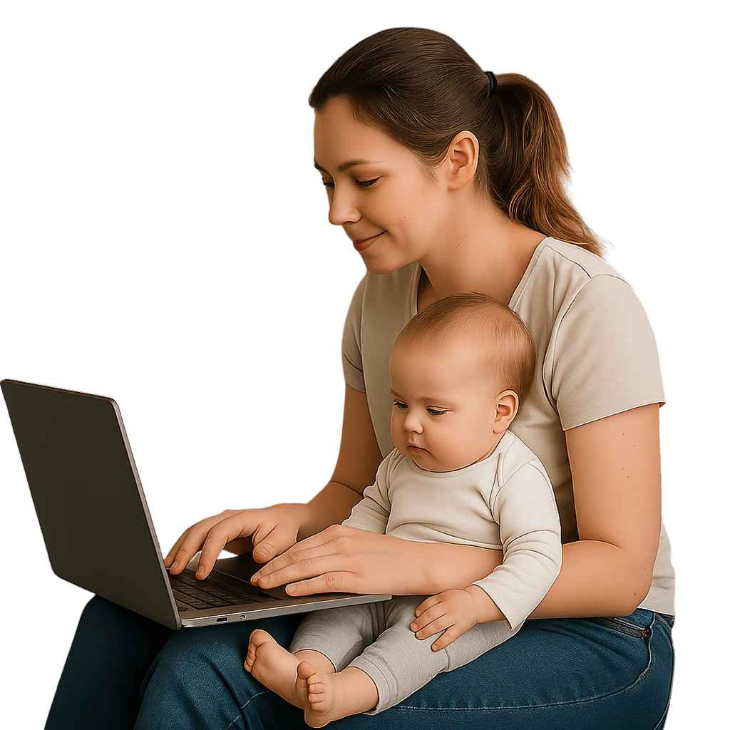 Mamma davanti ad un computer che lascia una recensione con il bimbo in braccio