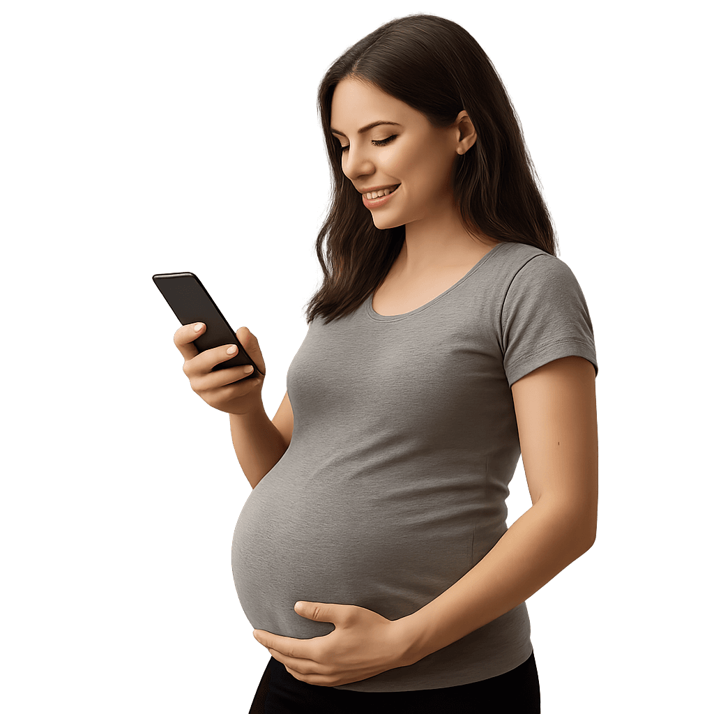Donna incinta che sta leggendo un messaggio su un telefono cellulare